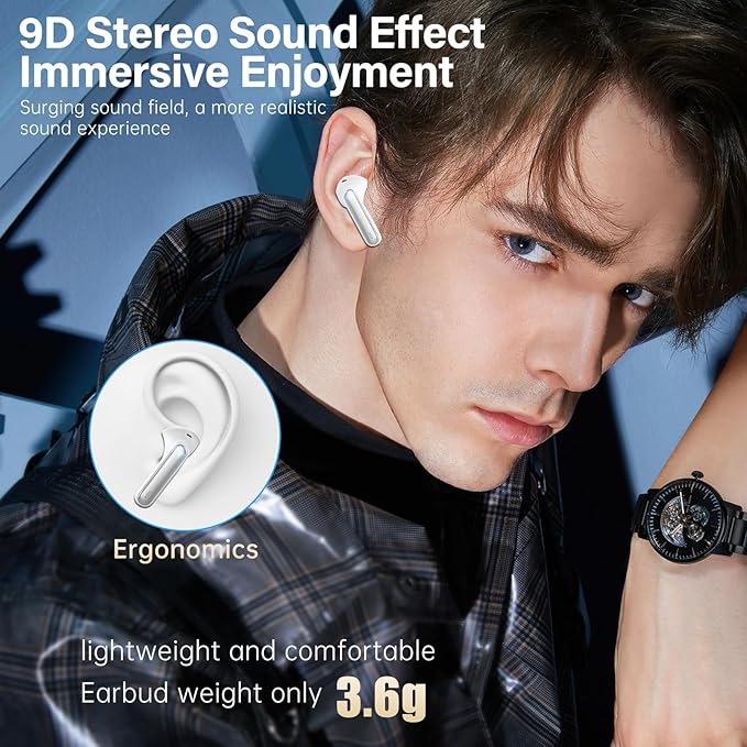 Wireless Earbuds, Bluetooth 5.3 Headphones HiFi Stereo 50H Playback LED Digital Display Ear Buds with ENC Noise Canceling Headset, IPX7 Waterproof Earphones for Gym/Running/Work (White)