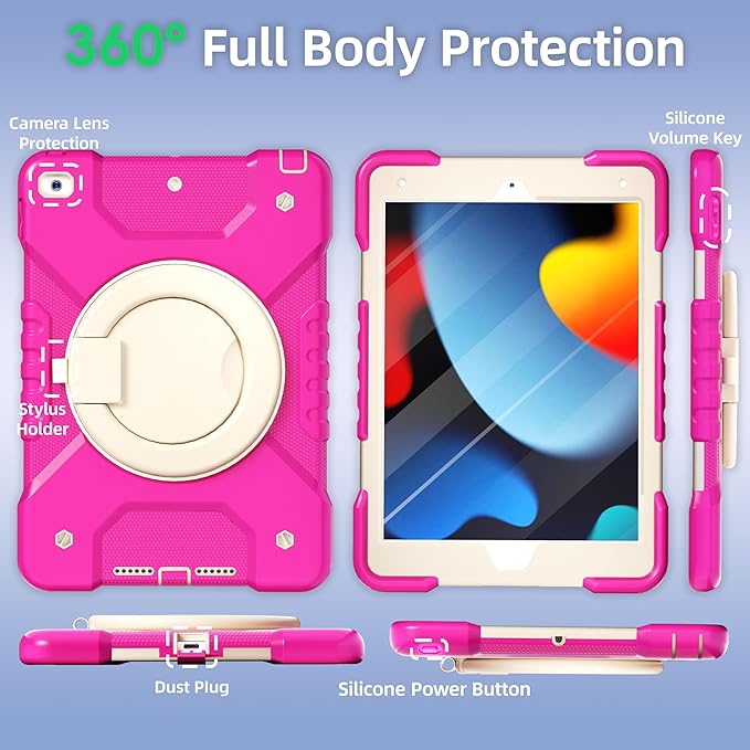 Andnary Case for iPad 9th/8th/7th Generation 10.2 inch, Shockproof Cover with Screen Protector/360° Rotating Handle/Bracket/Pen Holder/Shoulder Strap, Kid Case for iPad 2021/2020/2019 (Rose Red+White)