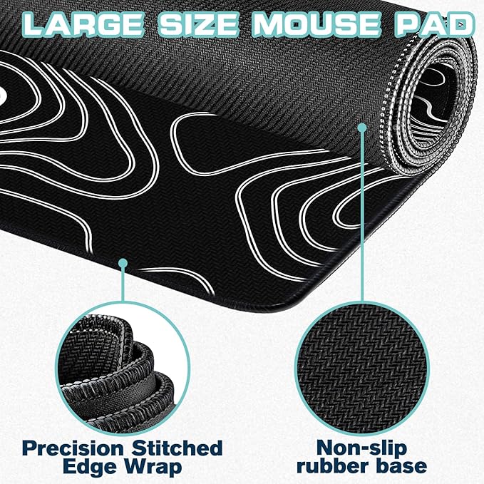 Mouse Pad Gaming - Desk Mat for Keyboard and Mouse - Large Mouse Pads for Desk, Black Topographic Gaming Mousepad with Non-Slip Base, Desks Pad (31.5" X 11.8") for Game, Office and Home