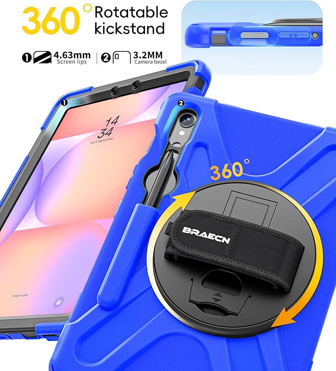 BRAECN Case for Samsung Galaxy Tab S10 Lite/S10 FE/S9 FE 5G 10.9"& S9/S8/S7 11",Heavy Duty Shockproof Silicone Cover with 360 Rotating Stand &Hand Strap, Kickstand, Shoulder Strap, S Pen Holder