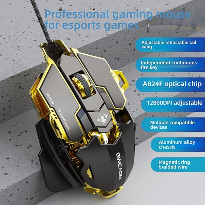 Professional Gaming Mouse, 12800 DPI Optical Sensor, RGB Lighting, Aluminum Chassis, Golden Gray, with Macro Programming and Retractable Wing