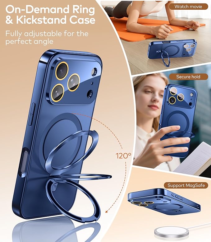 TOBOVON Magnetic for iPhone 17 Pro Case with Ring Stand, Fits MagSafe, with Built-in Camera Cover, Slim Electroplated Shockproof Phone Case, Blue