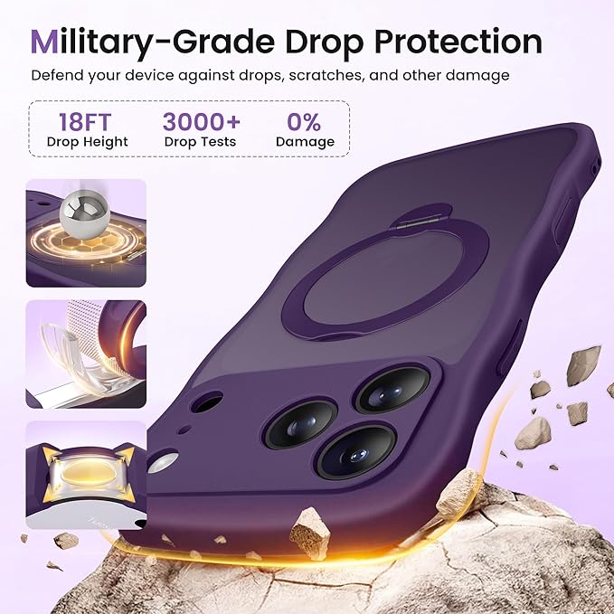 CAPRARO for iPhone 17 Pro Case with 360° Spin Magnetic Stand for Women, [Compatible with MagSafe] [Full Camera Protection] Cute Wave Translucent Matte Case for iPhone 17 Pro, Deep Purple