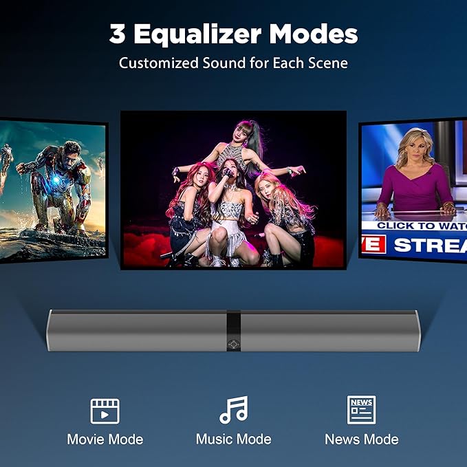 Sound Bar for Smart TV, 80W Soundbar with Bluetooth/ARC/Opt/AUX Connect, Auto Volume Boost, 3 Equalizer Modes, 2 in 1 Detachable Soundbar for TV/PC/Gaming/Projectors
