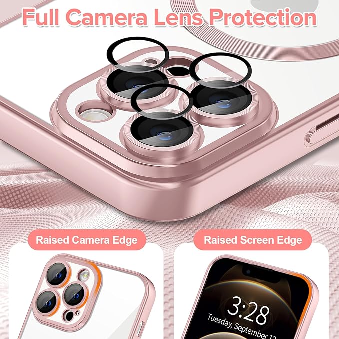 Hython Magnetic Clear for iPhone 12 Pro Max Case with Camera Lens Protector [Compatible with MagSafe] Plating Edge Slim Soft TPU Cover Protective Phone Case for iPhone 12 Pro Max 6.7", Matte Pink