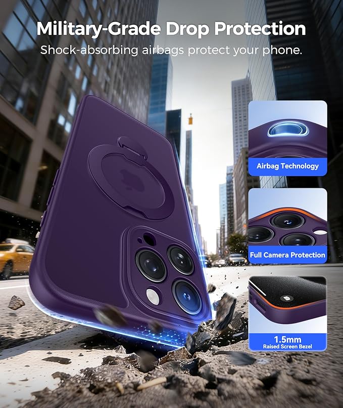 FNTCASE for iPhone 15 Pro-Max Case: [360 Spin Magnetic Stand] [Compatible with Magsafe] [Screen Protector] Translucent Matte Military Grade Shockproof Full Camera Protective Phone Cover - Purple