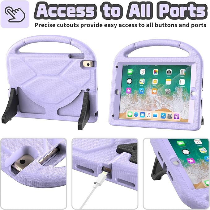 YIHE Shockproof Kids Case for iPad 6th/5th Generation (9.7 inch, 2018/2017), iPad Air 2/1 & Pro 9.7 | Durable Protective Cover with Built-in Screen Protector & Stable Stand, Light Purple