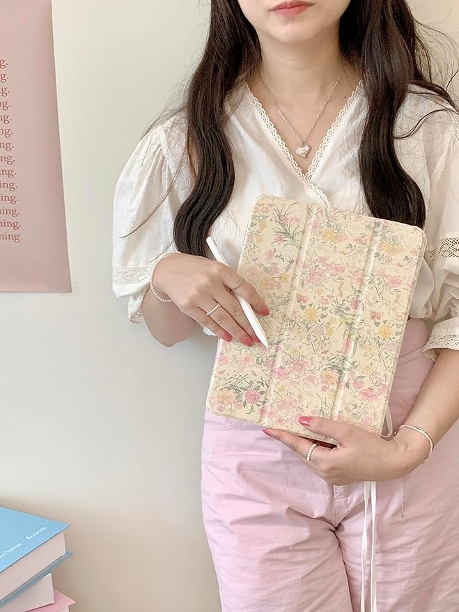 Adjustable Stand Hard PU Clear Back Folio Case for Apple Flowers Floral Pattern Refreshing Classic Vintage Pretty Chic Cute Lovely Girls Women (for iPad 6 9.7-inch 6th Generation 2018)