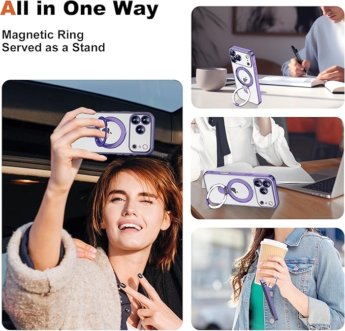 Compatible with iPhone 17 Pro Case with Invisible Magnetic Ring Stand [Compatible with Mag-Safe] [Full Camera Lens Protector] Plating Clear Phone Case for iPhone 17 Pro 6.3", Purple