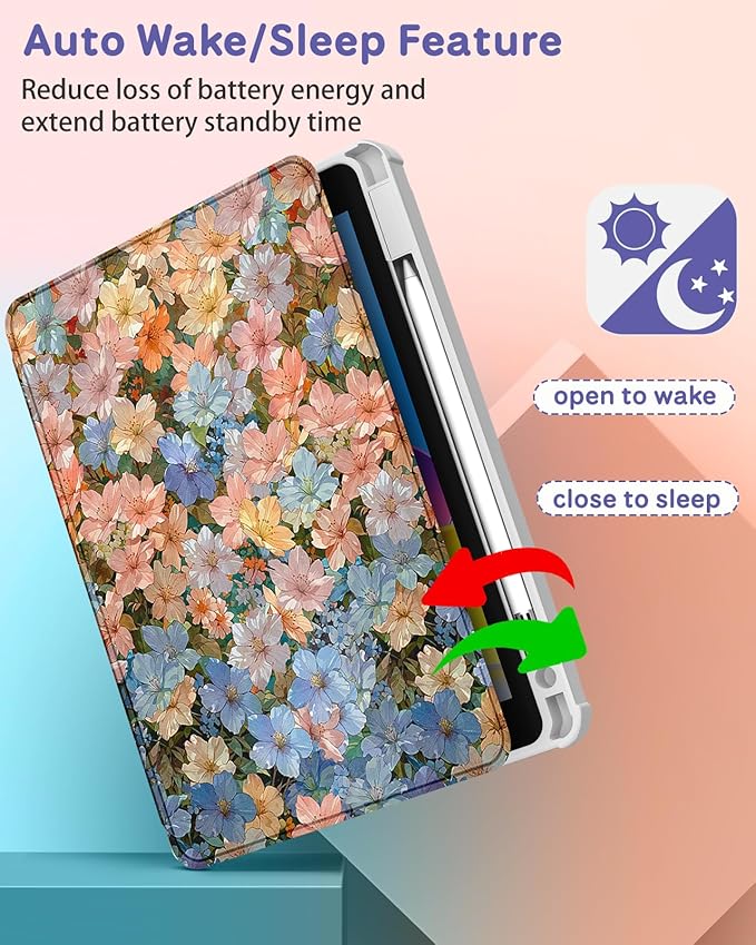 Uppuppy for iPad A16 Case for iPad 10th Generation Case 10.9 inch - 360 Degree Rotating Stand Folio Smart Cover with Pencil Holder for Women Girls, Beautiful Flowers for Apple 10th 2022/11th 2025