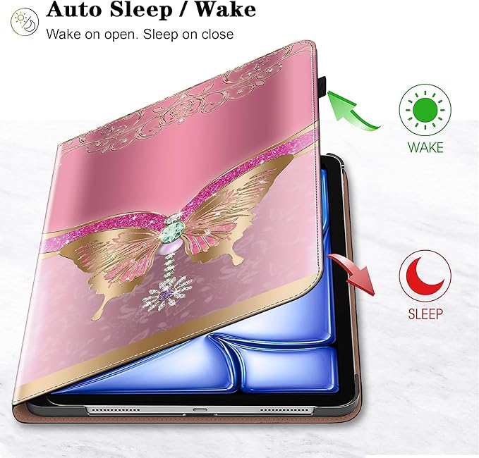 Compatible with iPad Air 11 Inch Case 8th/7th/6th Generation (M4/M3/M2) 2026/2025/2024, for iPad Air 5th/4th Generation Case 10.9 Inch 2022/2020 with Pencil Holder & Stand - Pink Butterfly