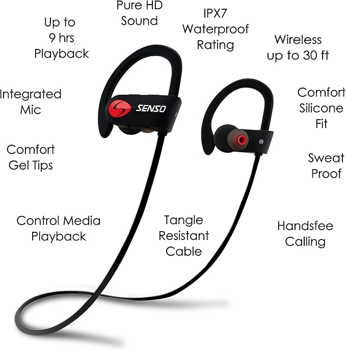 SENSO Bluetooth Headphones, Best Wireless Sports Earbuds w/Mic IPX7 Waterproof HD Stereo Sweatproof Earphones for Gym Running Workout Noise Cancelling Earphones Earbuds Noise Cancelling Headsets