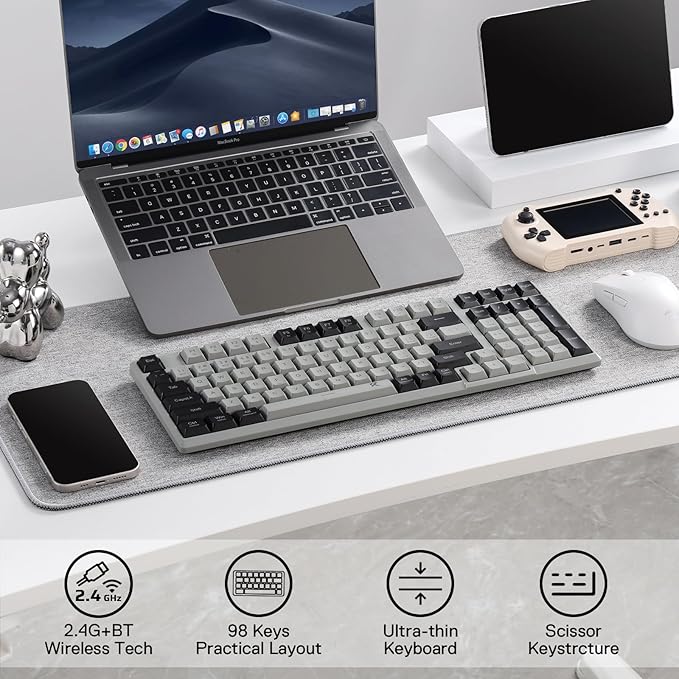 Redragon BK7114 Low-Profile Wireless Computer Keyboard, 98 Keys Slim Office PC Scissors Mechanism Keyboard w/ 2.4G BT Wireless Connection, Tactile Quiet Keystroke, Mixed Color Keycaps