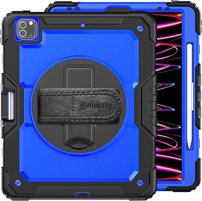 Timecity for iPad Pro 12.9 Case 6th/5th/4th/3rd Gen, 360° Rotating Stand, Pencil Holder & Wireless Charging, Shockproof with Screen Protector & Shoulder Strap - for Designers & Professionals-Dark Blue