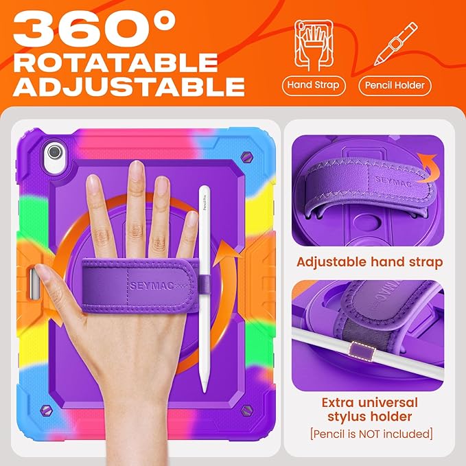 SEYMAC stock Case for iPad Air 13-inch M4-M2 2026-2024 (Gen 8-6), Shockproof Heavy Duty Case with Screen Protector, Pencil Holder, Rotating Stand, Hand Strap, Shoulder Strap, Purple