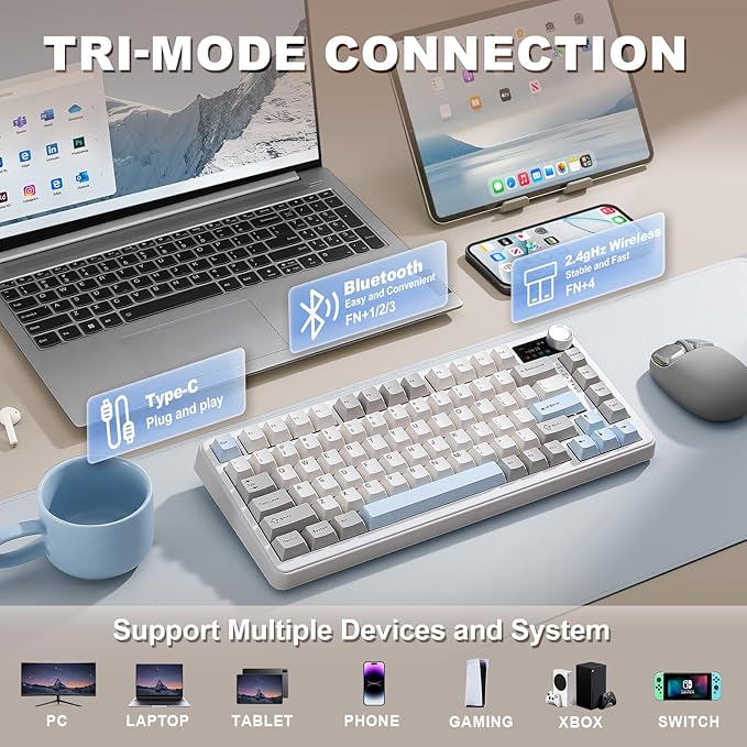 YUNZII B75 PRO MAX QMK/VIA Wireless Mechanical Keyboard,75% Layout with Screen and Knob,Custom Hot Swap Gasket,Creamy Pre-lubed Switches,Bluetooth/Type-C/2.4G for Win/Mac (Beige,Candy Switch)