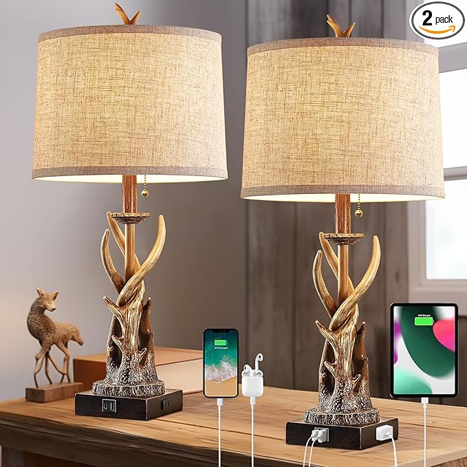 Rustic Deer Antler Table Lamps Set of 2 for Bedroom Farmhouse Bedside Lamps with USB A+C Ports for Living Room End Table Hunting Themed Cabin Lamp Pull Chain Linen, Bulbs Not Included