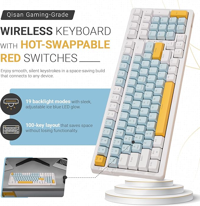 Qisan Wireless/Wired Mechanical Gaming Keyboard,Triple Mode 2.4G/USB-C/BT (98%) Wireless Mechanical Keyboard with US Layout | Red Switch Rechargeable RGB Backlit Keyboards for Gaming, White & Blue