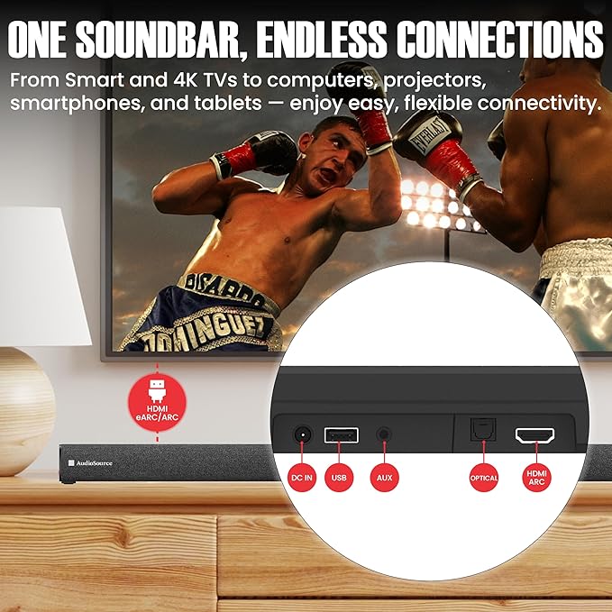 Audiosource 2.1 Soundbar, Wireless Subwoofer w/Dolby Atmos, Bluetooth Streaming for Smart TV and Multi-Devices, Compact Design, 240W Max Output, Remote Control Included, AS201