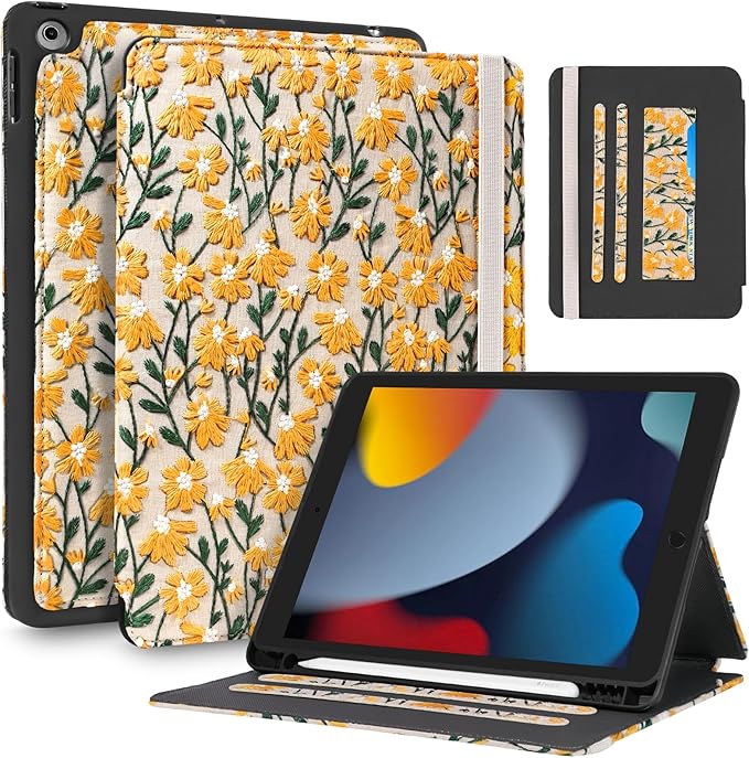Uppuppy for iPad 9th/8th/7th Generation Case 10.2'' - for Women Girls Cute Embroidered Folio Stand Cover with Pencil Holder & Card Slot Girly Yellow Daisy Design Aesthetic Cases for iPad 7th/8th/9th