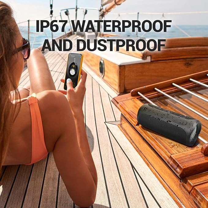 Wireless Waterproof Bluetooth Speaker - Portable Speaker Loud with Built-in Subwoofer and Tweeter, Extra Bass, Stereo Sound, IP67, Colorful Lights for Party, Outdoor, Camping - Black