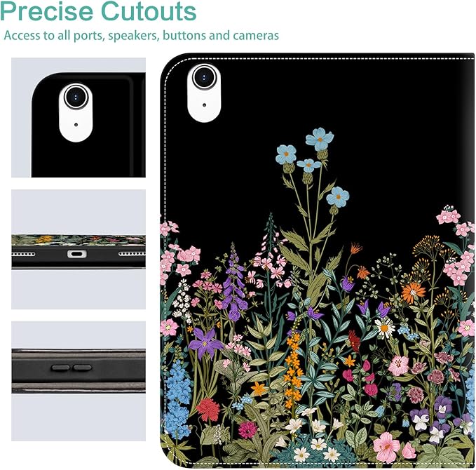 for iPad (A16) 11Th/10Th Generation Case 2025/2022,for iPad Case 11th/10Th Generation 360 Degree Rotating 4 Viewing Angles Pencil Holder/Hand Strap/Pocket Auto Wake/Sleep Cover, Black Flowers