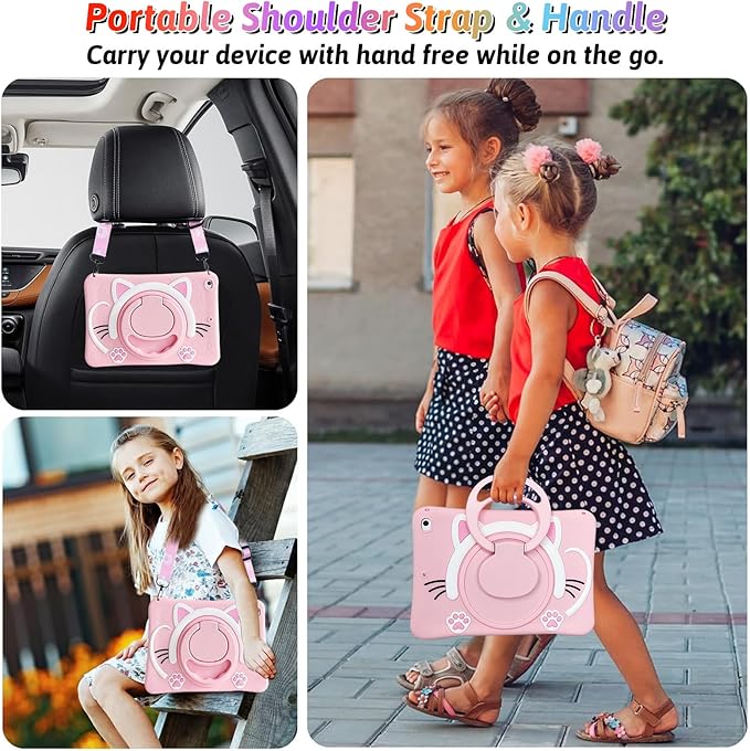 Dteck for iPad Pro 11 Case 2022/2021/2020/2018,iPad Air 5/4 Case,Cute Cartoon 3D Unique Rotating Handle Stand Shoulder Strap Soft Silicone Funda Rugged Shockproof Protective Kid-Proof Case,Cat