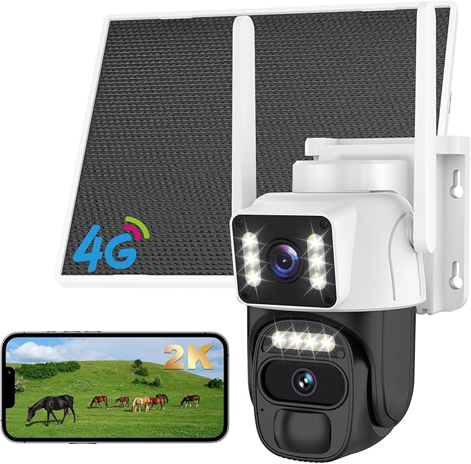 4G LTE Cellular Solar Powered Security Camera Wireless Outdoor, No WiFi Dual Lens Camera, 360 Live View, 2K Color Night Vision, AI PIR Motion Sensor, 2-Way Audio, Built in SIM Card