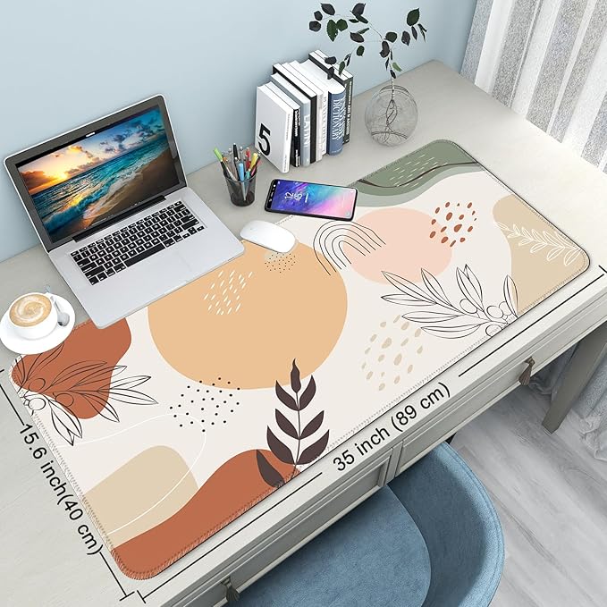 Desk Mat,Large Mouse Pad 35''×15.6'' XXL Extended Gaming Mouse Pad Mat with Non-Slip Base Stitched Eges Mousepad for Computer,Office,Keyboard and Laptop - Boho Leaves2