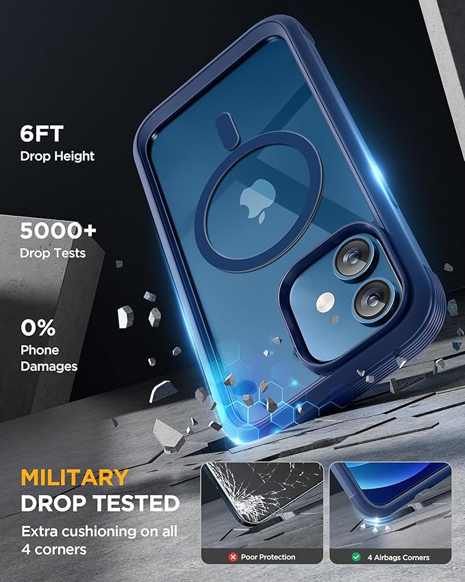 Miracase Glass Series Designed for iPhone 12/12 Pro 6.1 Inch, Upgrade Full-Body Magnetic Case with Built-in 9H Tempered Glass Screen Protector, with Camera Lens Protector, Magnetic Blue