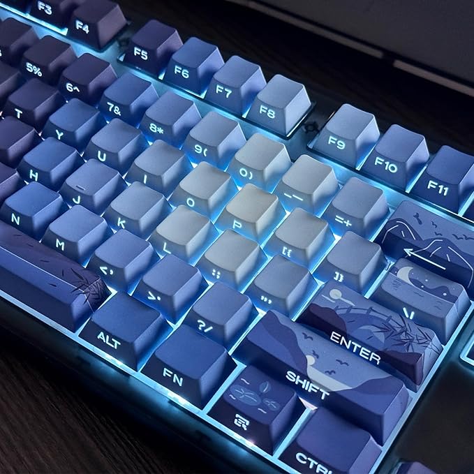PBT Moonlit Keycaps Custom Dark Blue Shine Through Keycaps Cherry Profile 128 Keys Side Print Key Caps Gradient Blue for Mechanical Keyboards 60% 65% 75% Backlit