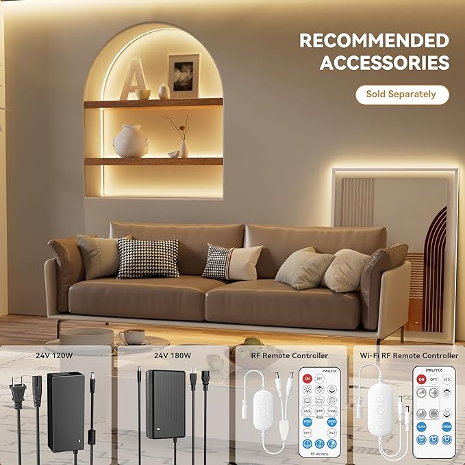 PAUTIX COB LED Strip Lights 40ft/12.2m Super Bright,504 LEDs/m Warm White 3000K CRI90+ Flexible LED Tape 24V for Cabinet Home DIY Lighting Projects with 2pcs COB Connector(Power Supply Not Included)