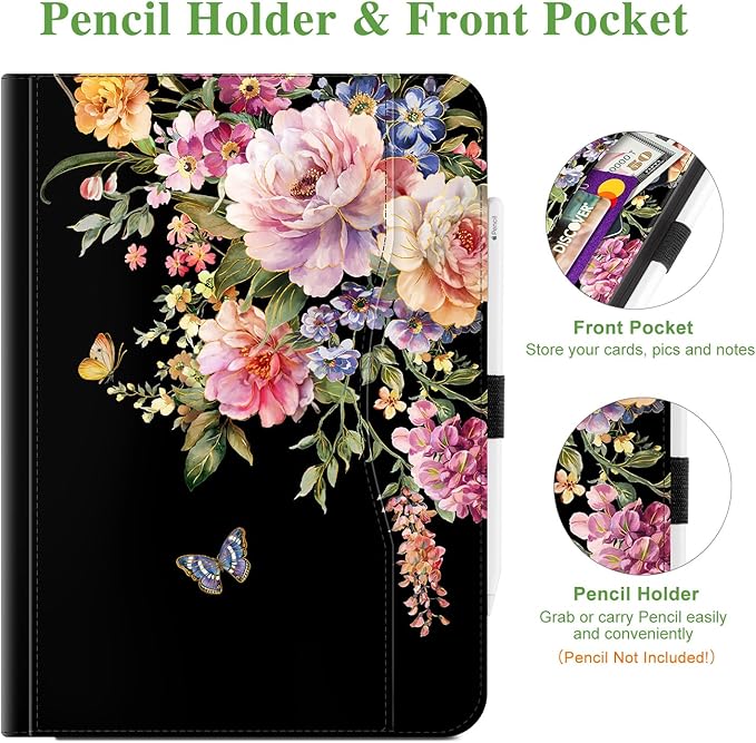 Vimorco for iPad Pro 13 Inch Case M5/M4 2025/2024 Black Floral, for iPad Pro 13 Case for Girls Women, Pencil Holder/Hand Strap/Pocket/Screen Protection Band, for iPad 13 Pro Cover, Flower Butterfly