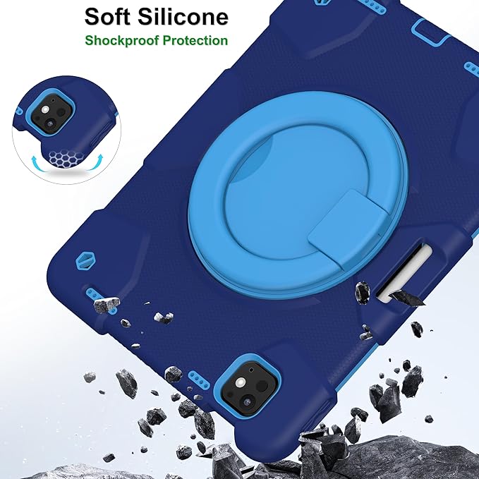 Andnary Case for iPad Pro 11 Inch M4 2024/M5 2025 Case, Heavy Duty Shockproof Cover with Screen Protector/360° Rotate Stand/Shoulder Strap/Pencil Holde (Navy+Blue, iPad Pro M4/M5 11 inch)
