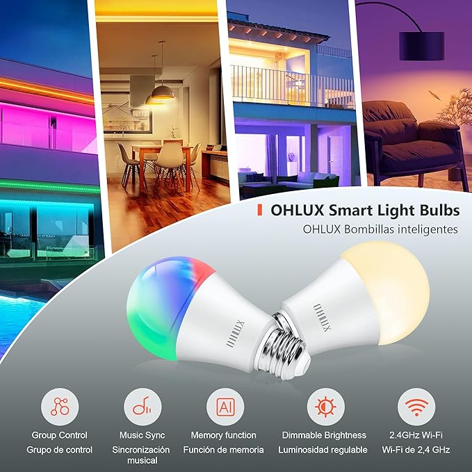 OHLUX Smart WiFi LED Light Bulbs Compatible with Alexa Google Home 900Lumen 100W Equivalent, RGBCW Multi-Color, 2700-6500k Dimmable,Voice Control 9W E26 A19 Color Changing Bulb-4PACK