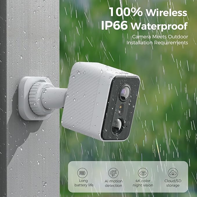 4K Security Cameras Wireless Outdoor, Battery Security Camera, 8MP Color Night Vision, No Monthly Fees, AI Detection, PIR Detection, Alexa & Google Assistant, Easy Setup, 2.4 GHz Wi-Fi, IP67