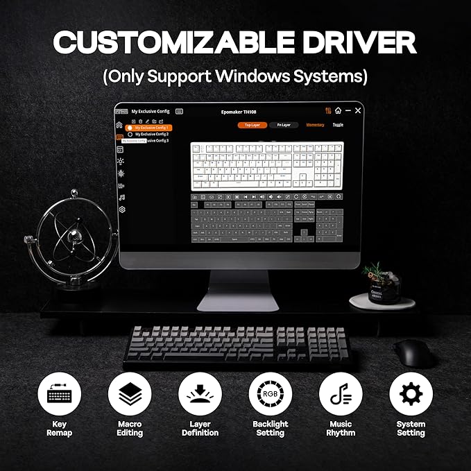MechLands EPOMAKER TH108 Full Size Mechanical Keyboard, Wireless Gaming Keyboard, 8000mAh Battery, Creamy Gasket, 108 Keys, Hot Swap, Custom Driver, RGB Backlights (Black, Sea Salt Silent Switch)