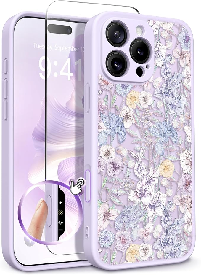 GVIEWIN for iPhone 16 Pro Case Compatible with MagSafe, [Military Grade Protection] [Screen Protector] Full Camera Protection Floral Translucent Women Magnetic Phone Case, Apricot Blossom/Purple