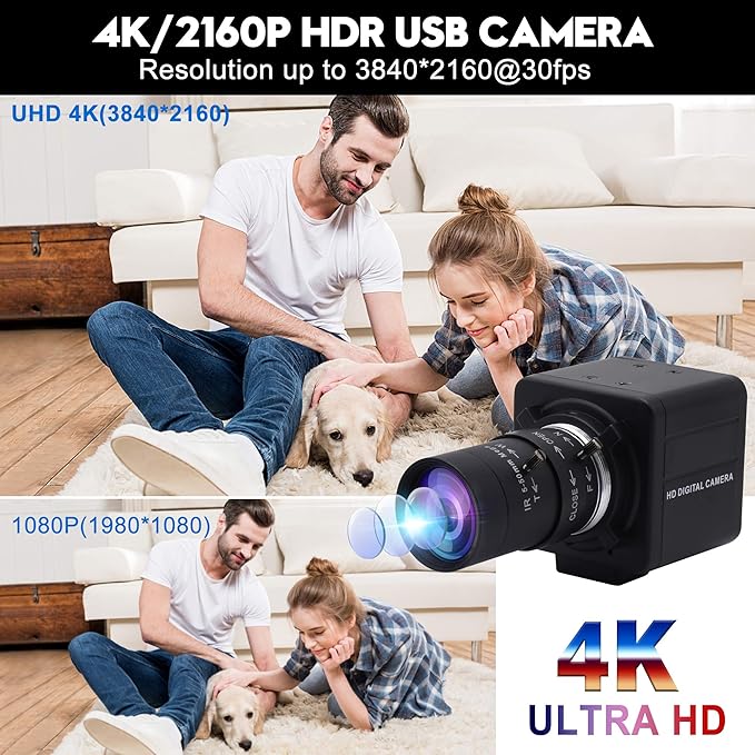 USB Camera 4K Ultra HD Webcam with 5-50mm Varifocal Lens USB Camera High Resolution 3840P Optical Web Camera,Manual Zoom Conference Webcam Support OPENCV on Mac/Window/Linux