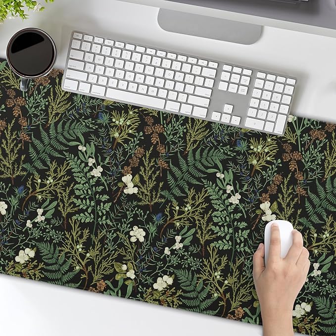 Black Aesthetic Vintage Botanical Gaming Mouse Pad XL Cute Forest Green Plant Nature Floral Extended Large Big Mousepad Non-Slip Stitched Edge Long Mat for Desk Office Computer,31.5×11.8 in