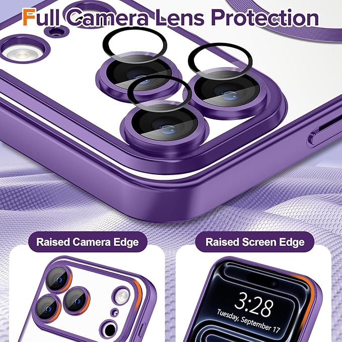 Hython Magnetic Clear for iPhone 17 Pro Max Case with Camera Lens Protector [Compatible with MagSafe] Plating Edge Slim Soft TPU Cover Protective Phone Case for iPhone 17 Pro Max 6.9", Matte Purple
