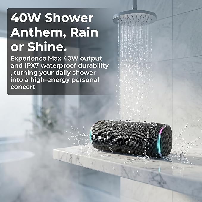 Bass Boosted Bluetooth Bike Speaker, IPX7 Waterproof Portable Wireless Outdoor Speaker, 25-Hour Playtime, LED Lights, TWS Pairing for Pool, Beach, Shower, Gifts (Black)