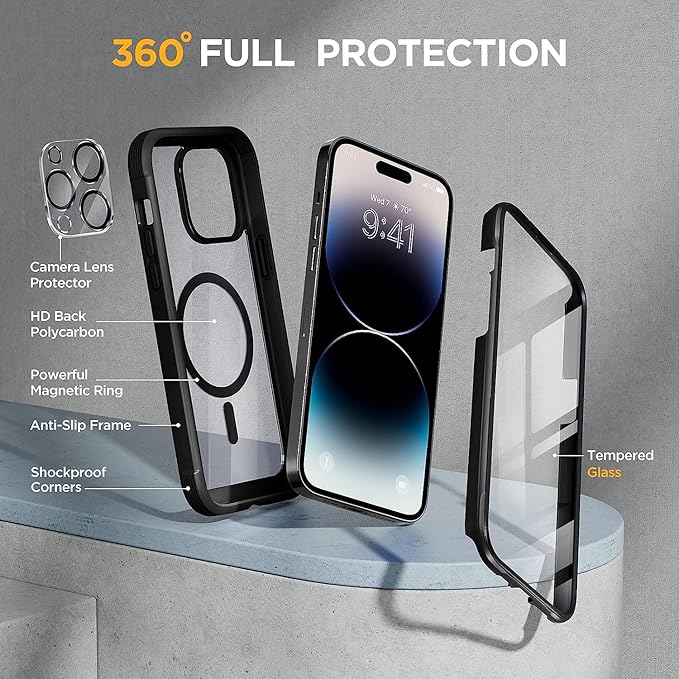 Miracase Magnetic for iPhone 14 Pro Case 6.1 inch, (Compatible with MagSafe) Upgrade Full-Body Clear Phone Bumper Case with Built-in 9H Tempered Glass Screen Protector, Black