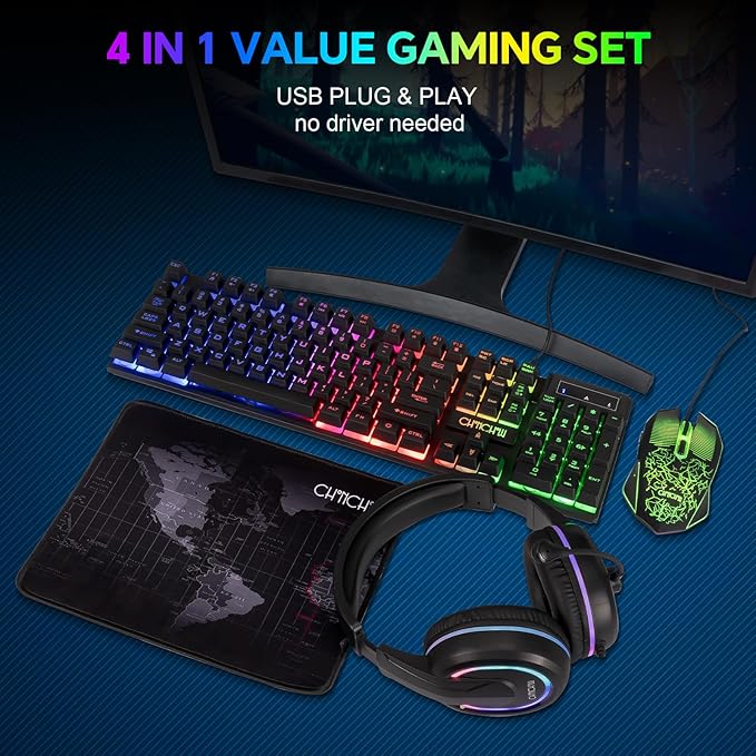 Gaming LED Keyboard Mouse Headset and Mousepad Bundle, CHONCHOW Wired Rainbow LED Light Up Gaming Keyboard Mouse Headset, Value 4 in 1 Game Set for Xbox PS4 PS5 PC Laptop Gamer