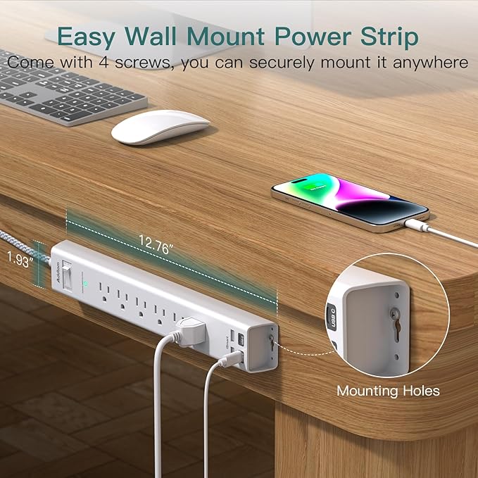 Addtam 25ft Extra Long Power Strip Surge Protector, 6 Outlets and 4 USB Ports (2 USB C), Ultra Flat Plug Wall Mount, Heavy Duty Extension Cord Charging Station for Large Room, Garage, Workshop