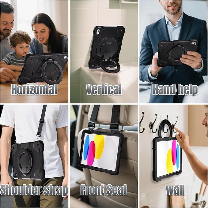 Andnary Case for iPad (A16) 11th /10th Generation 11/10.9 Inch 2025/2022 with Screen Protector/360° Rotate Stand/Shoulder Strap/Pencil Holder, Shockproof iPad 11th/10th Gen Cover (Black)