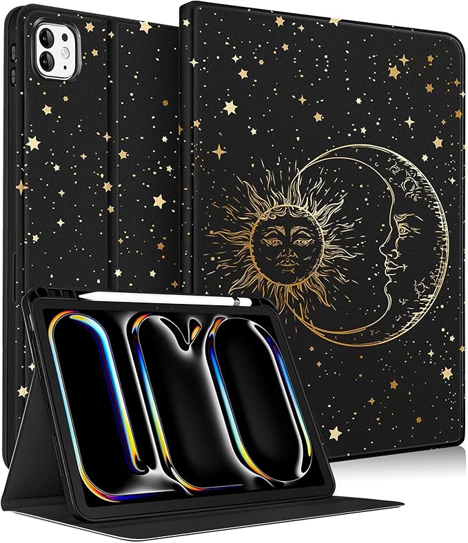 Uppuppy for iPad Pro 11 Inch Case 2024 - Women Girls Cute Folio Smart Cover with Pencil Holder Sun Moon Star Black Girly Pretty Unique for iPad Pro 11 M4 Cases A2836 A2837 A3006