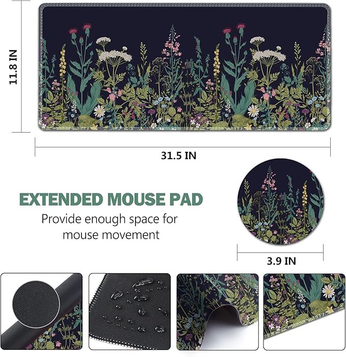 AIMSA Large Gaming Mouse Pad Extended Mouse Pad with Stitched Edge, Keyboard Mouse Mat Non-Slip Rubber Base Desk Pad 31.5x11.8 inch for Office Home Game Work, Flowers Plants