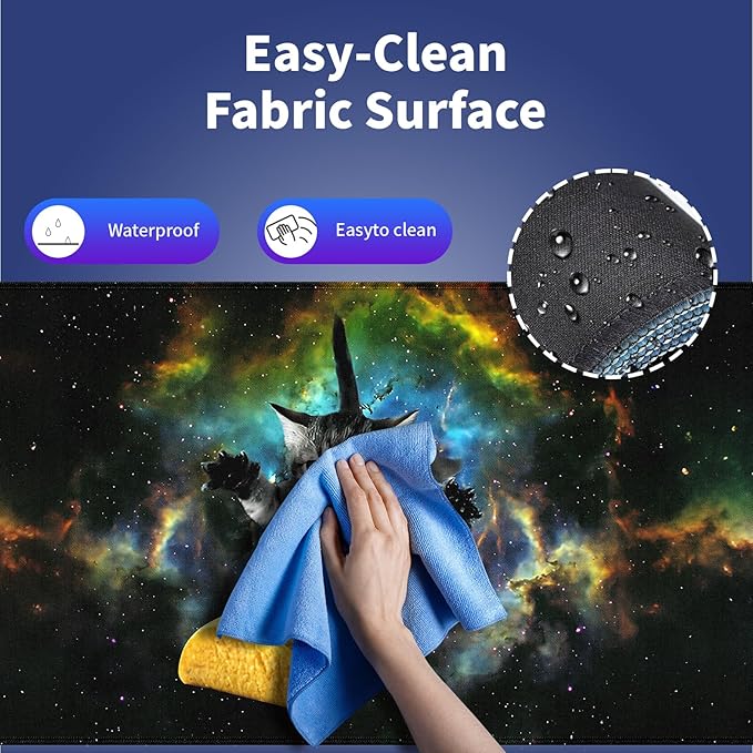 XXL Gaming Mouse Pad with Stitched Edges for PC Home & Office - Curious Cat Flying Through Galaxy Space Reaching for a Taco Cute Kitten Funny Design, Smooth Fabric Surface Large Desk Mat