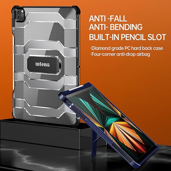 Case for iPad Pro 12.9 inch 6th/5th/4th/3rd Generation (2022/2021/2020/2018) with Pencil Holder/Kickstand Crystal Clear Hard PC Back Shockproof Heavy Duty Protective Rugged Stand Cover, Blue